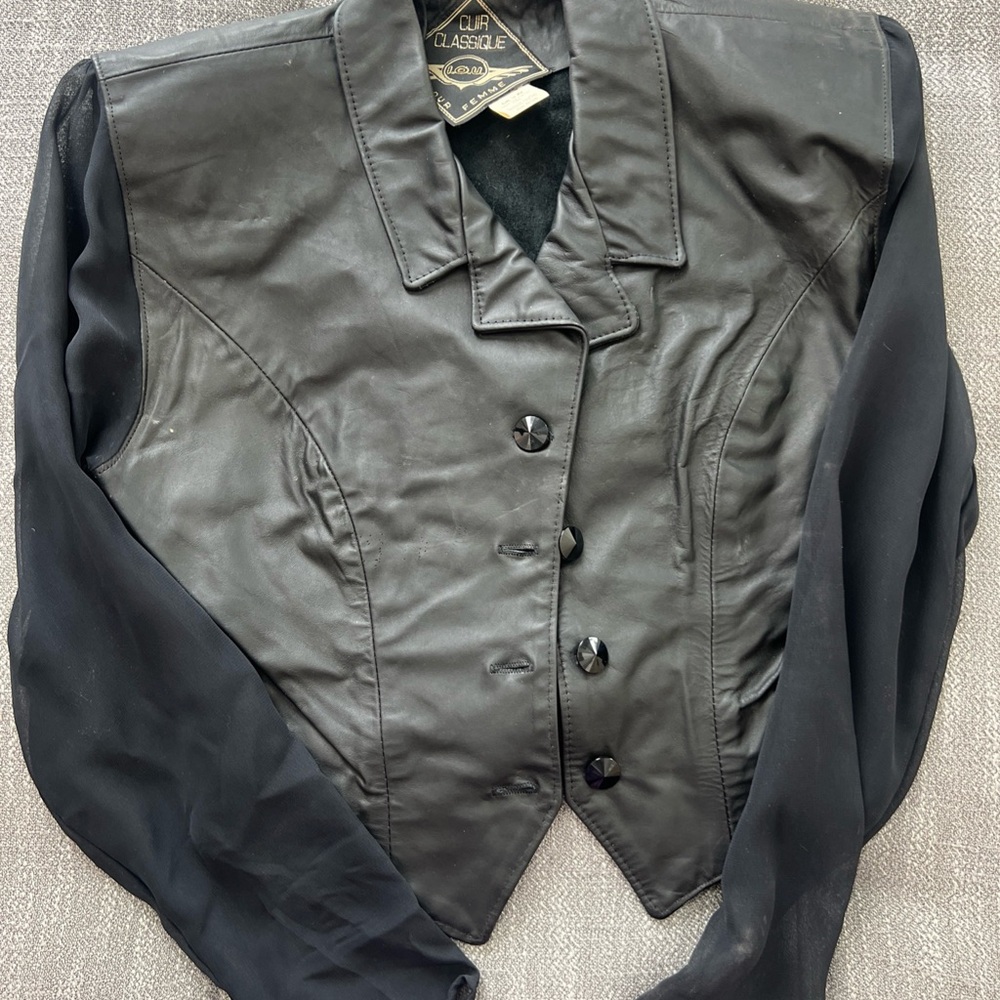VTG Cuir Classique I.O.U. Pour Femme Black Leather Crop JKT 90's Size Petite